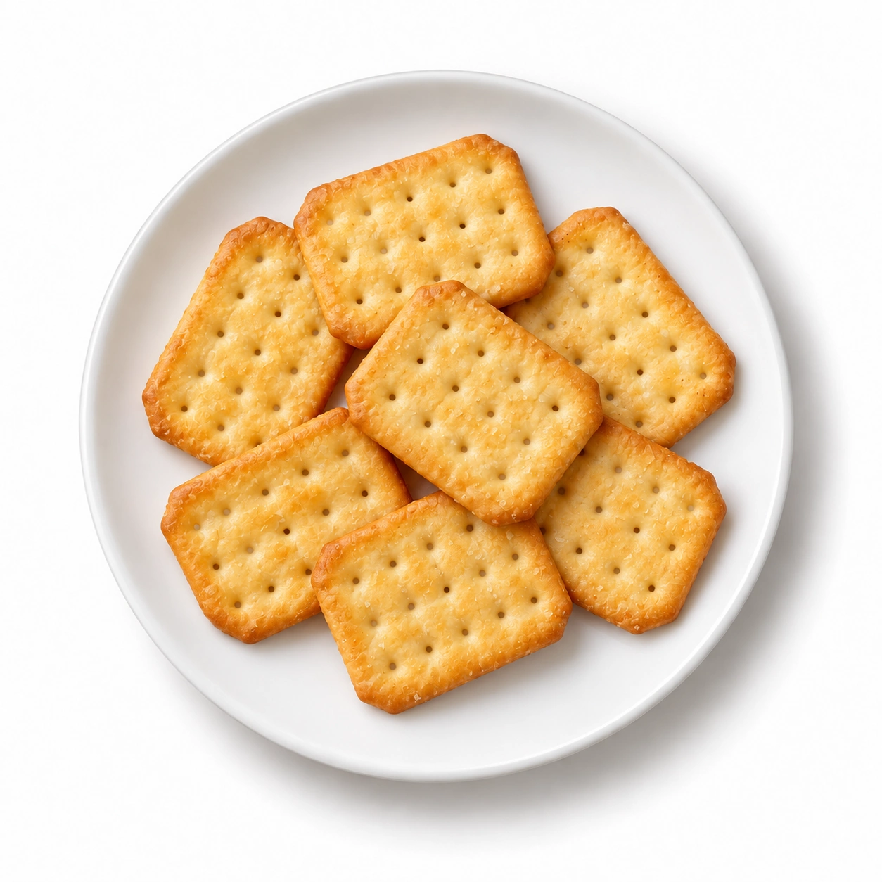 Salzcracker auf einem weißen Teller vor weißem Hintergrund.